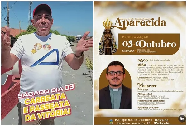 A data e o horário anunciados para o evento político coincidem com a abertura das comemorações em homenagem à padroeira do município, Nossa Senhora Aparecida. (Foto: Reprodução).