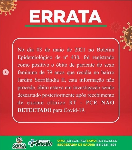 Errata emitida pela Secretaria de Saúde sobre a morte de Maria de Lourdes Lopes (Foto: Redes Sociais)
