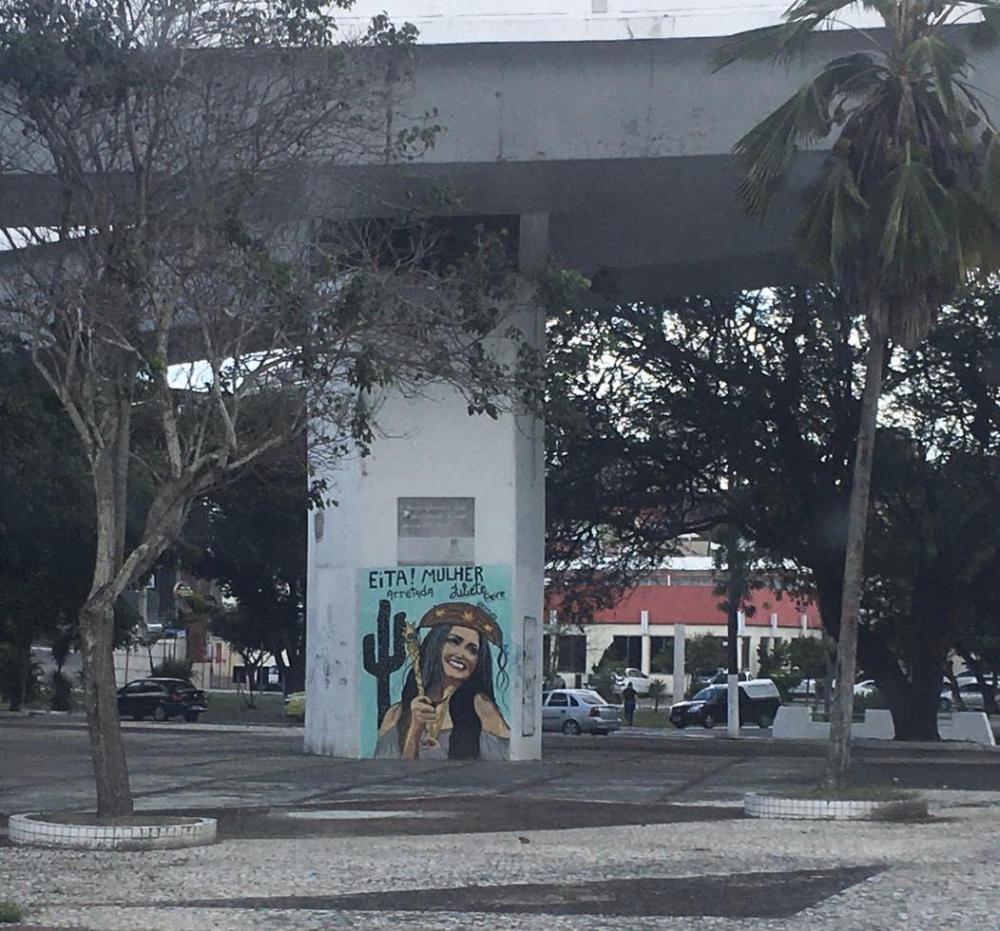 Grafiteiros reproduziram a foto da paraibana no Viaduto Elpídio de Almeida, cartão postal da cidade (Foto: Blog Pleno Poder)