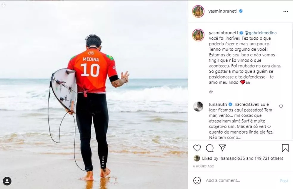 Yasmin Brunet desabafa após Medina ficar sem pódio: ‘Foi roubado na cara dura’ — Foto: Reprodução/Instagram