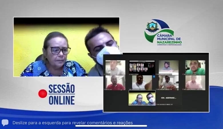 Imagens da sessão remota que vem ocorrendo na Câmara dos Vereadores de Nazarezinho; parlamentares denunciam que ex-vereador quem preside as sessões (Foto: Reprodução)