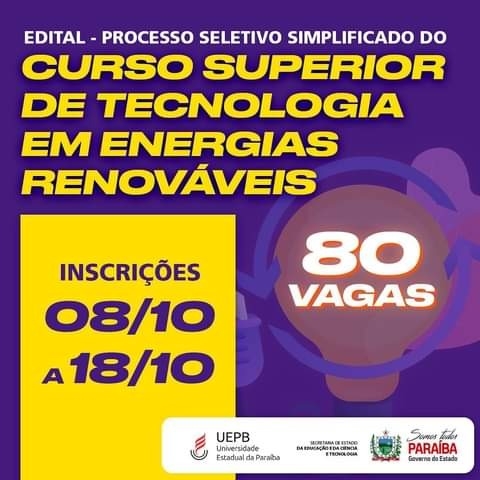 UEPB lança edital para processo seletivo do Curso Superior de Tecnologia em Energias Renováveis com 80 vagas