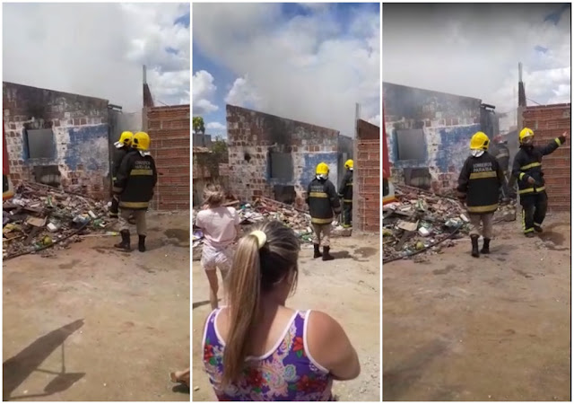 Populares se juntaram com os vizinhos e começaram a tentar apagar o incêndio com baldes d’água, enquanto os bombeiros foram acionados (Foto: Reprodução)