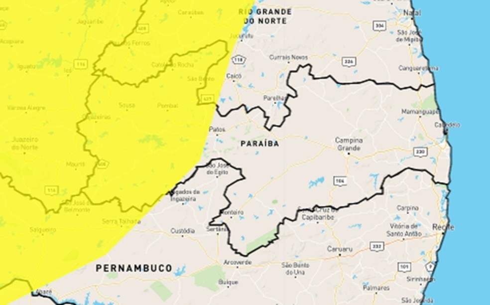 Alerta de perigo potencial de chuvas intensas é emitido para 74 cidades da Paraíba — Foto: Inmet/Reprodução