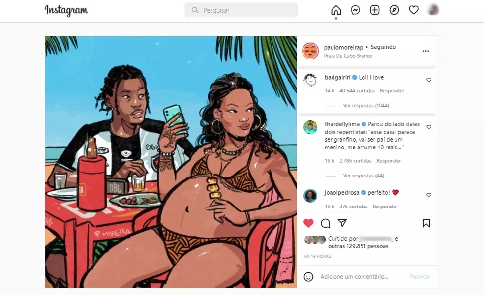 Rihanna reage a ilustração que a retrata com A$AP Rocky em praia de João Pessoa — Foto: Paulo Moreira/Instagram/Reprodução