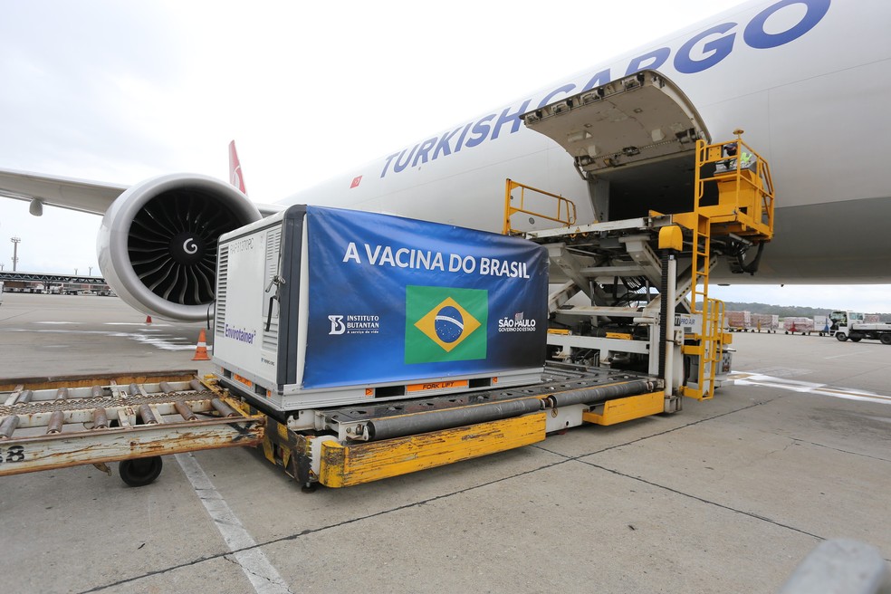 Funcionários do Aeroporto de Cumbica recebem carga com 500 mil doses de Coronavac — Foto: Divulgação/Instituto Butantan.