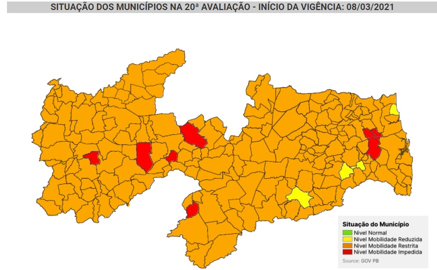 Na avaliação anterior, divulgada em 24 de fevereiro de 2021, apenas Vieirópolis estava com a bandeira laranja (Foto: Reprodução)