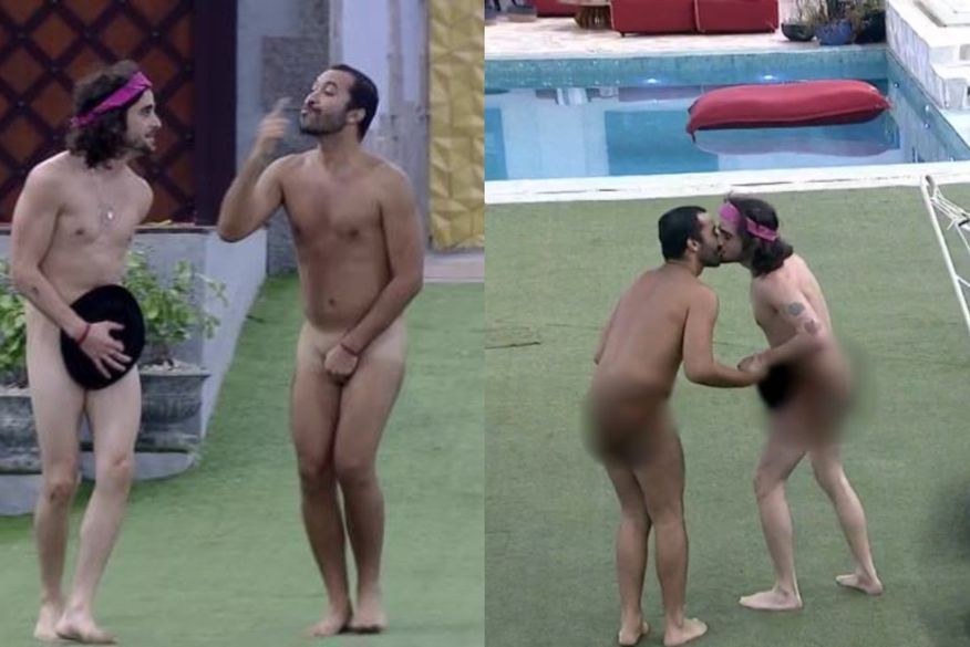 Eles saíram do quarto do líder sem roupas e sem microfone e pularam na piscina, (Foto: Reprodução).